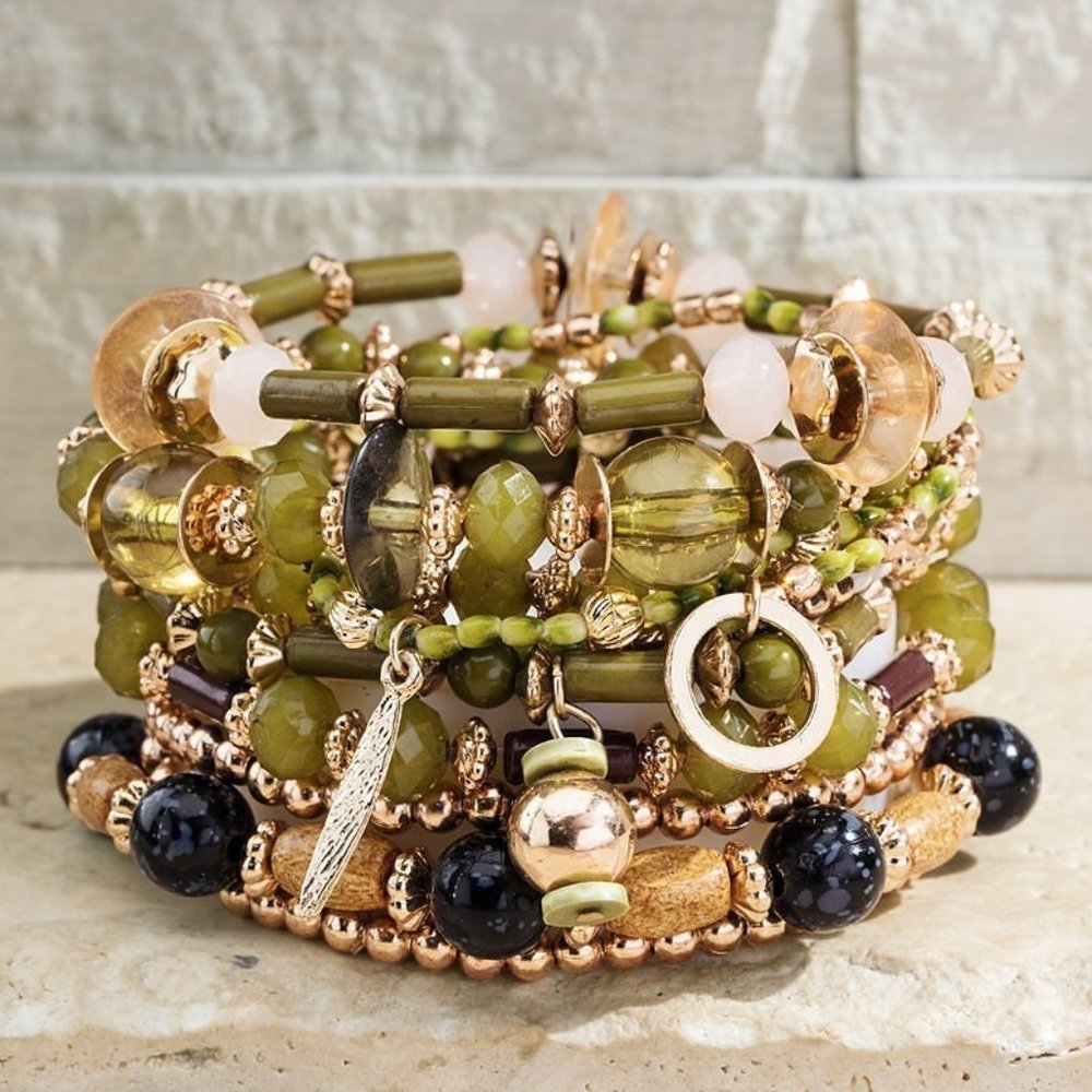 Lustrous Forest Green Multi-Layered Bracelet Set